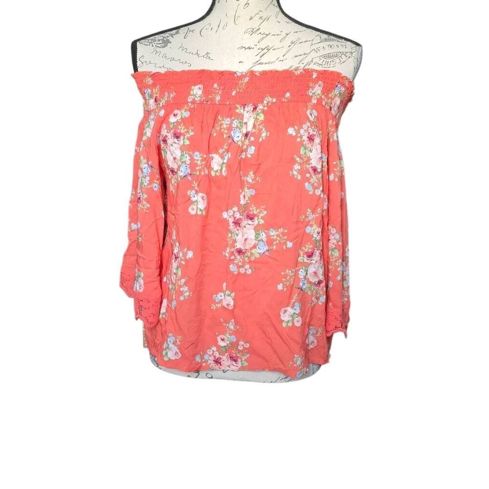 Francesca's Blue Rain Women's Size Small Coral Floral Print Off Shoulder Blouse